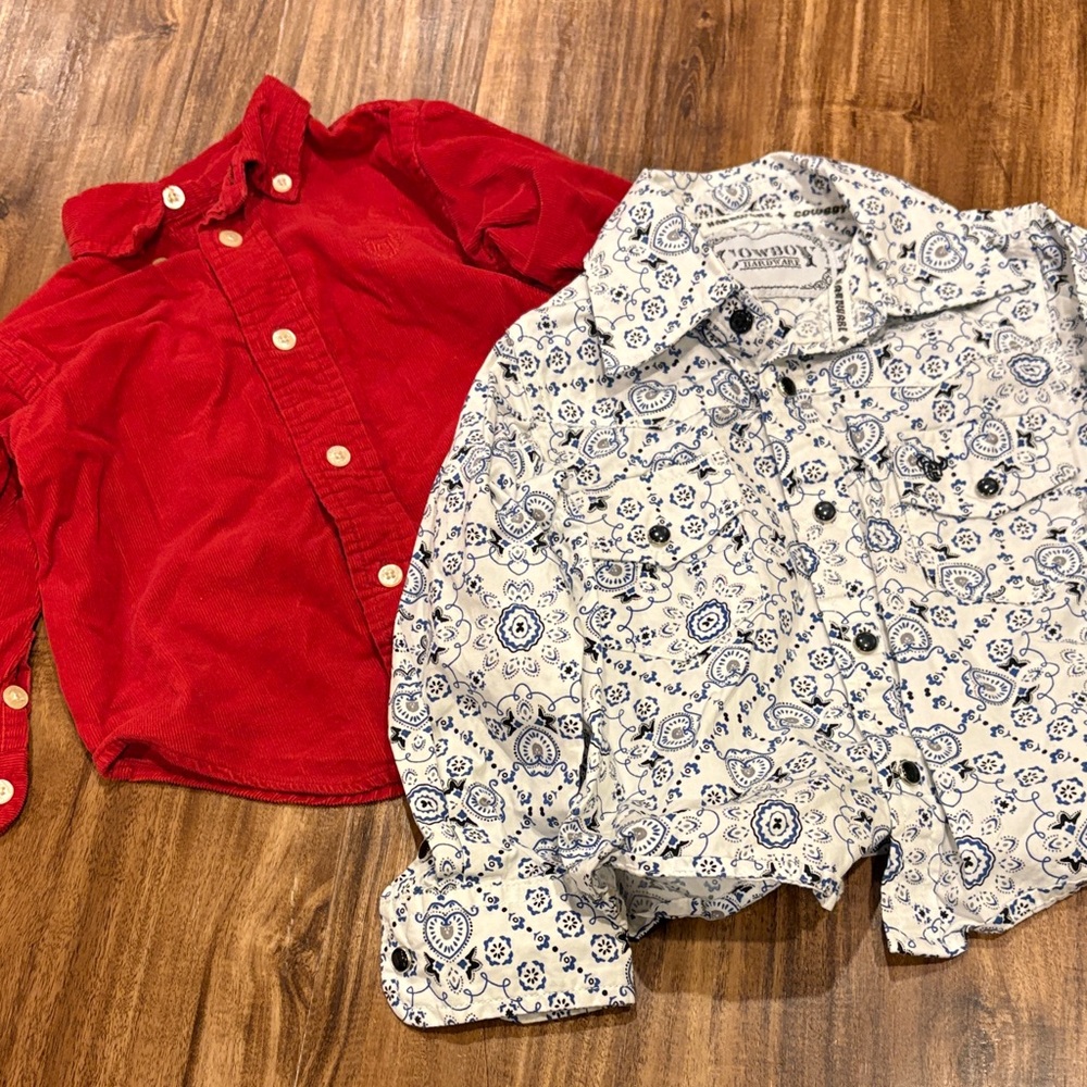 Chaps Kids Red Corduroy and cowboy Blue Patterned Button Down Shirts